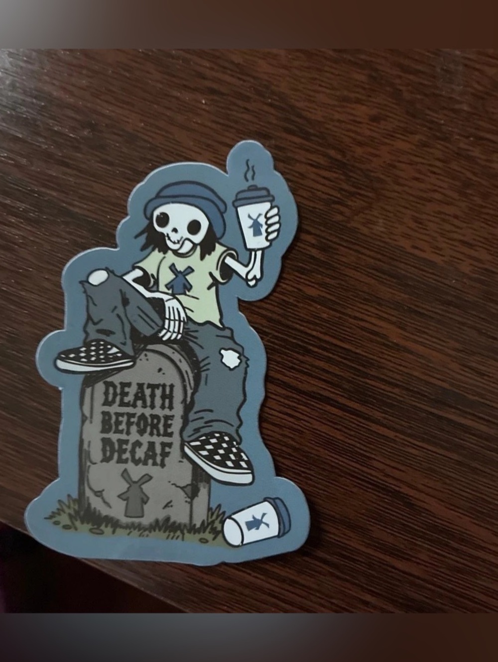 Dutch Bros Death Before Decaf Skeleton Tombstone Sticker